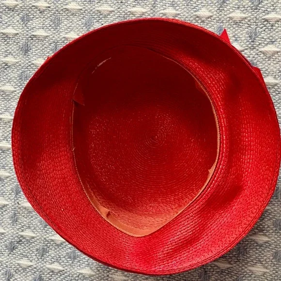 Vintage‎ Red Straw Cloche Hat with Bow Union Made Formal Occasion - Picture 5 of 5